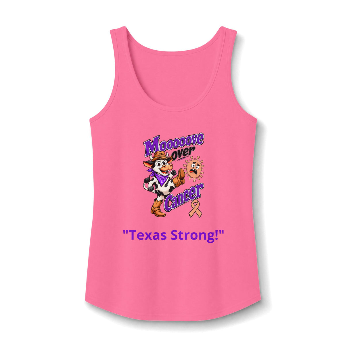 Moooove Over Cancer Texas Strong tank top with peach Uterine Cancer awareness ribbon in pink