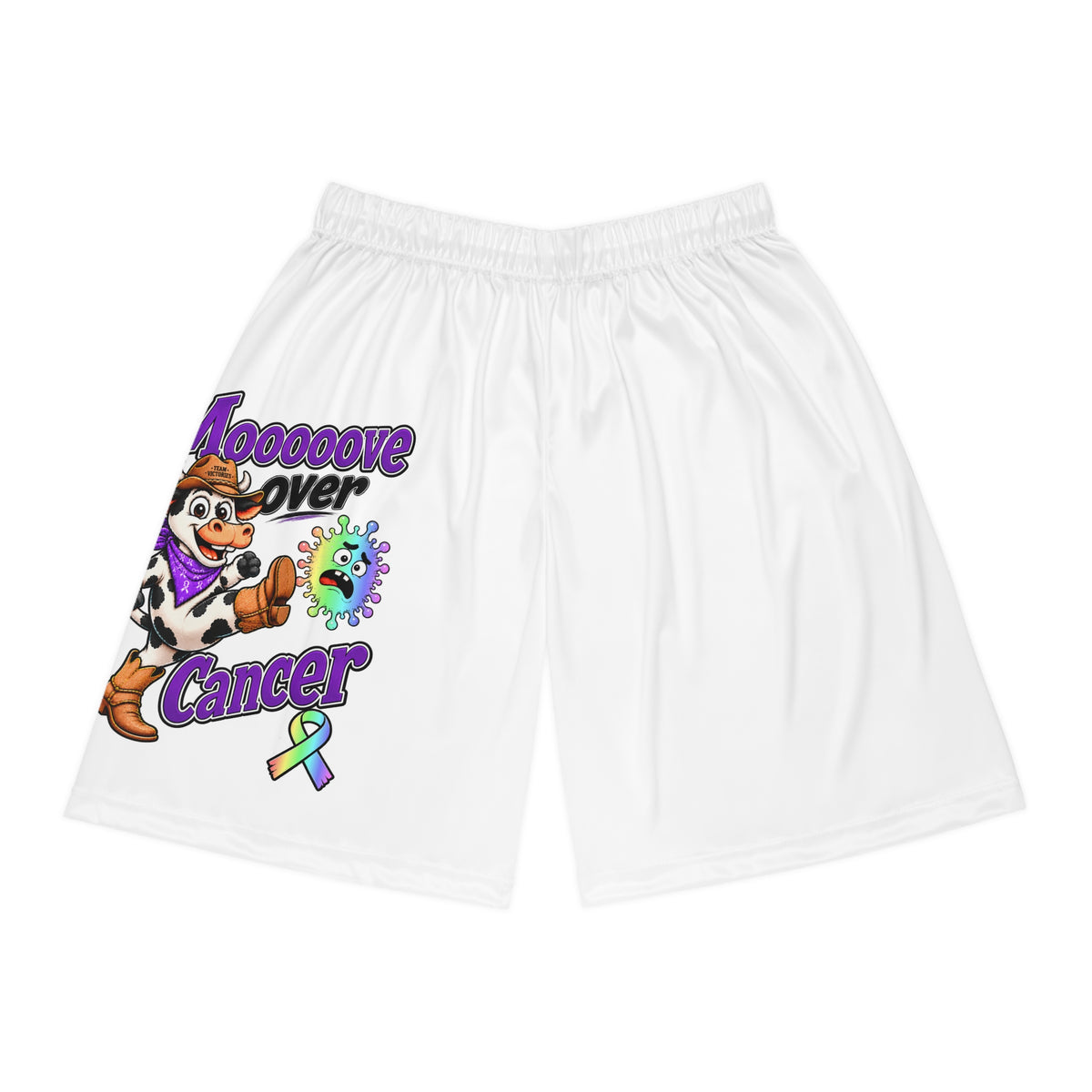 Moooove Over Cancer basketball shorts with cow artwork, colorful character, and awareness ribbon