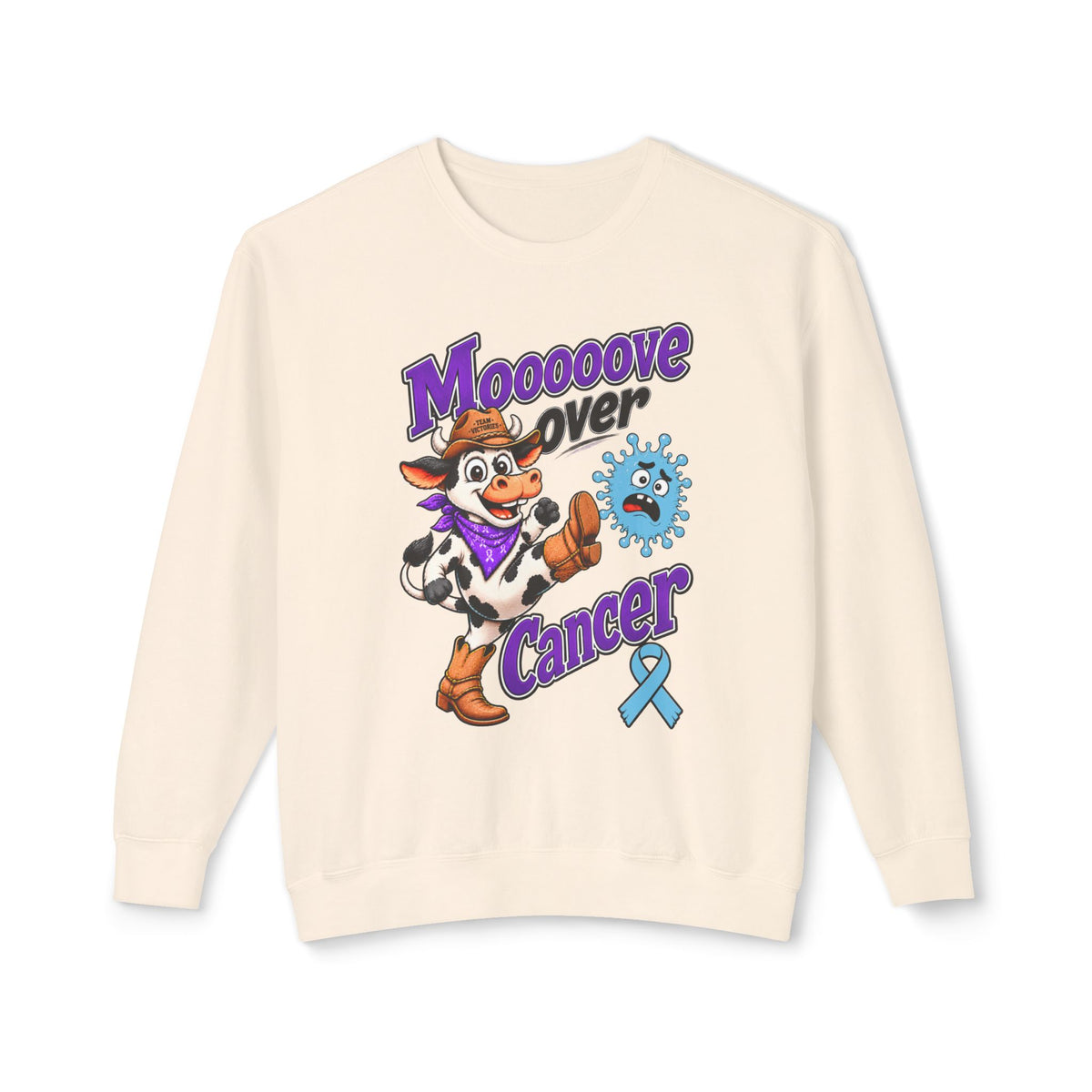 Moooove Over Cancer cream sweatshirt with cow graphic and Prostate Cancer awareness ribbon