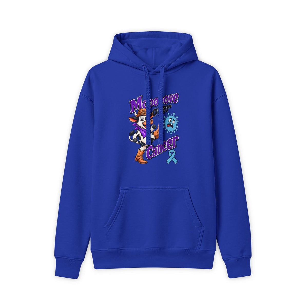 Blue Moooove Over Cancer hoodie with Prostate Cancer awareness ribbon chest design