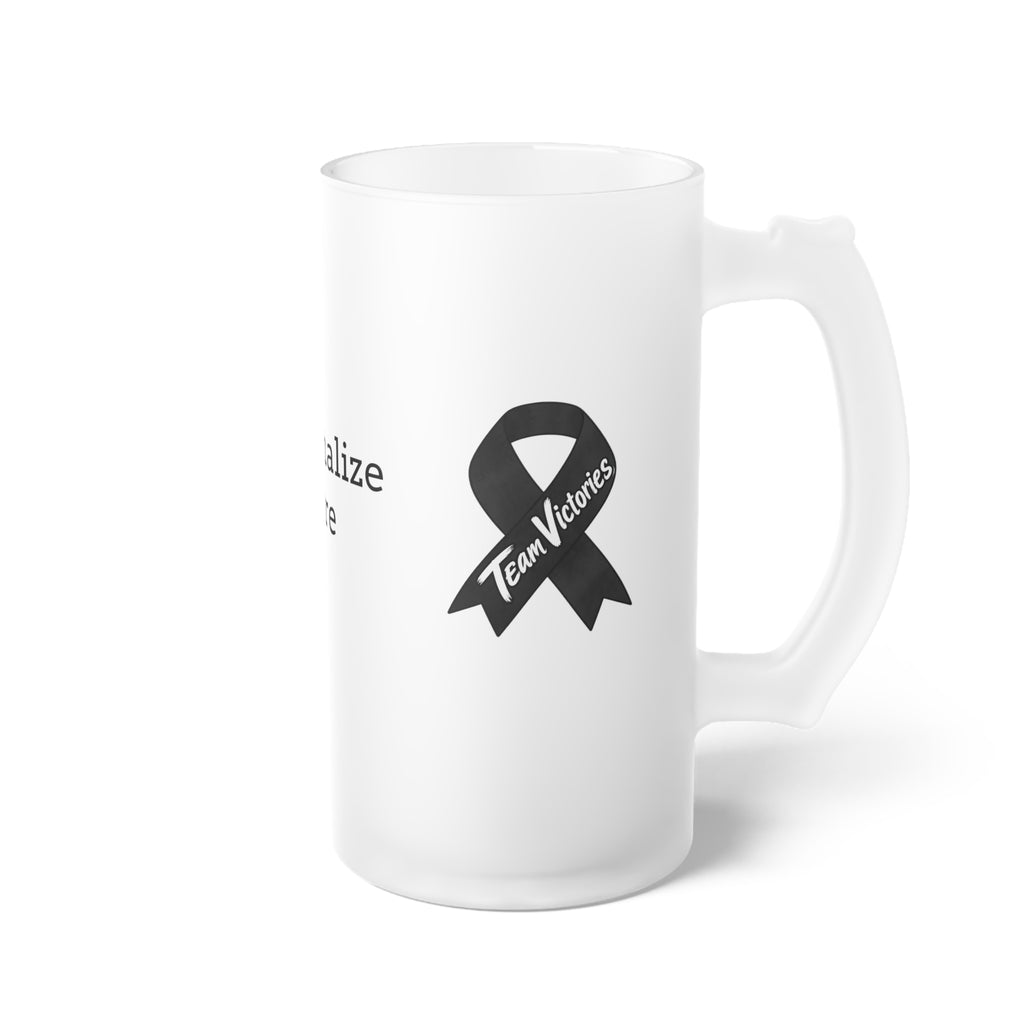 Side view of Moooove Over Cancer mug with Team Victories Melanoma Cancer awareness ribbon