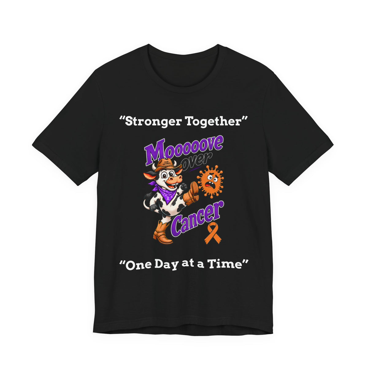 Black Moooove Over Cancer t-shirt with cow graphic and orange cancer awareness ribbon