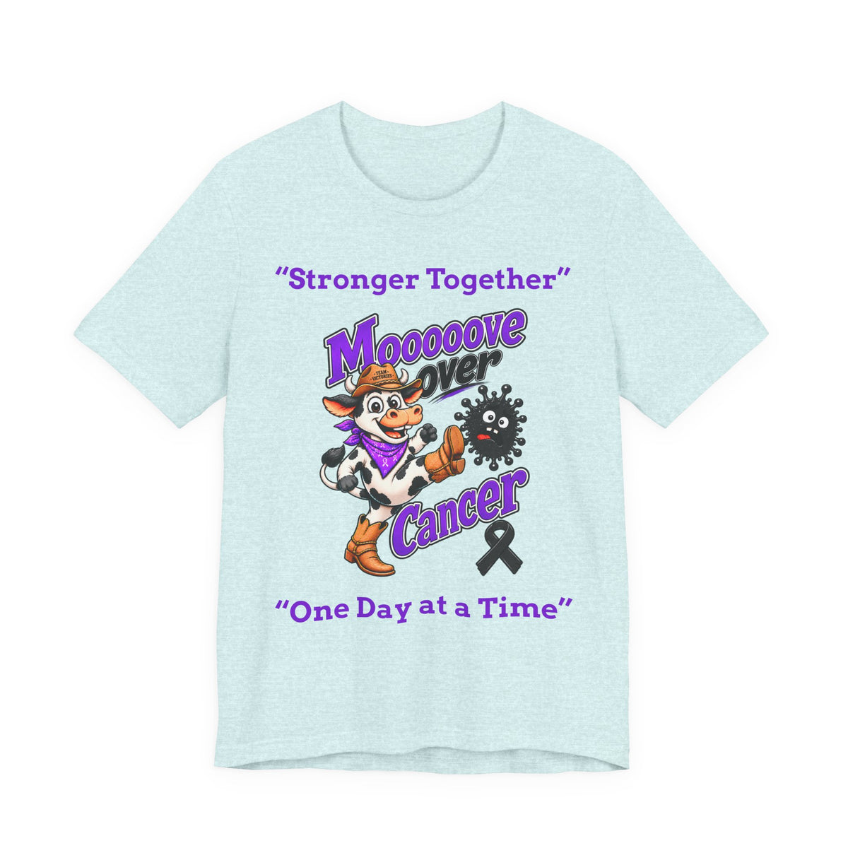 Moooove Over Cancer light blue T-shirt with cow character and cancer-support design