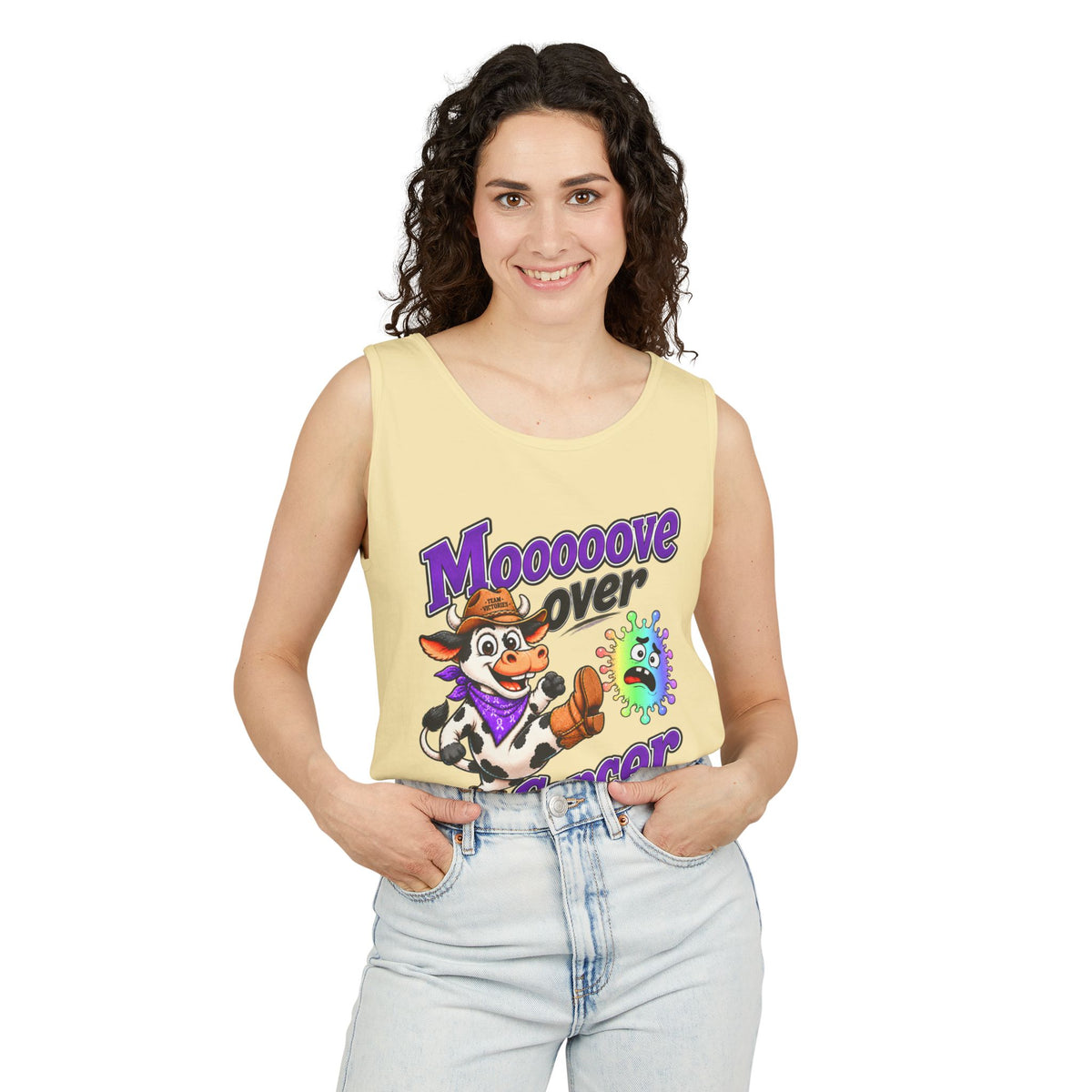 Man wearing olive Moooove Over Cancer tank top with all-cancer awareness ribbon