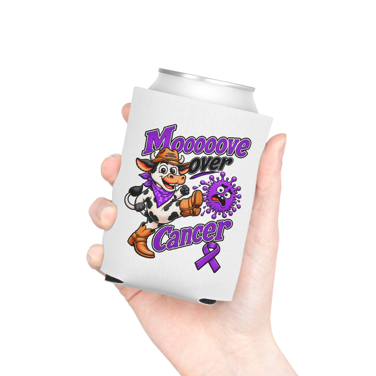 Hand holding a Moooove Over Cancer white can cooler