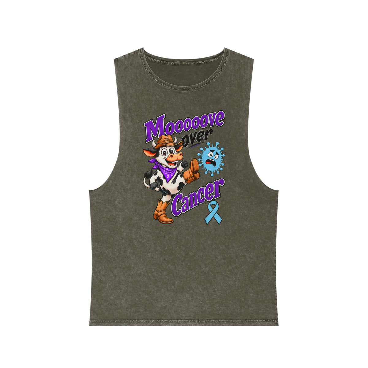 Moooove Over Cancer tank top in a muted stonewashed color with Prostate Cancer awareness design