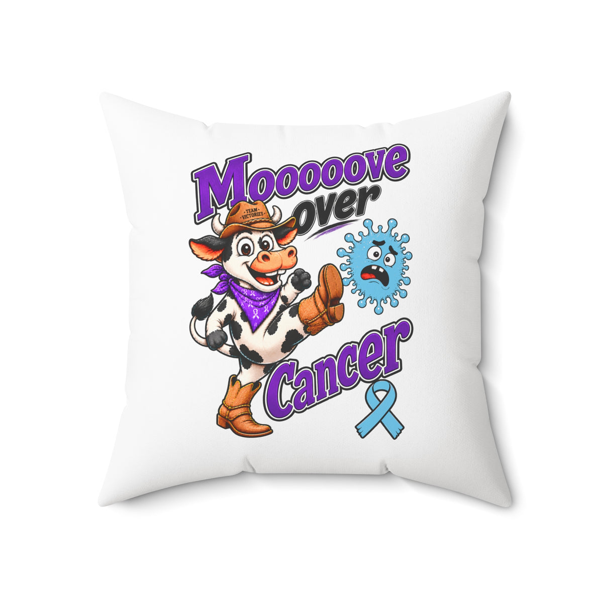 Moooove Over Cancer cow and ribbon artwork printed on a white throw pillow