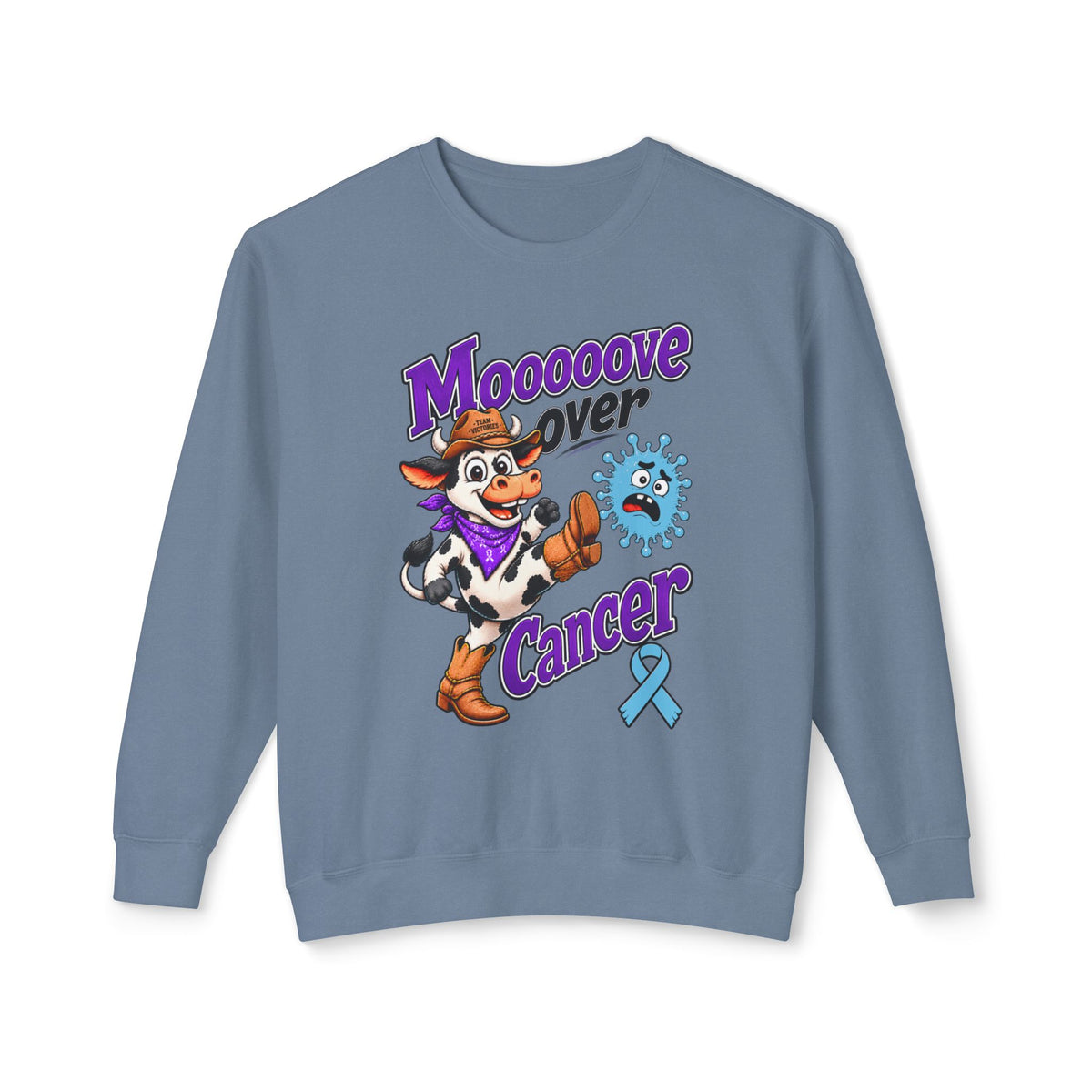Moooove Over Cancer blue-gray sweatshirt with cow graphic and Prostate Cancer awareness ribbon