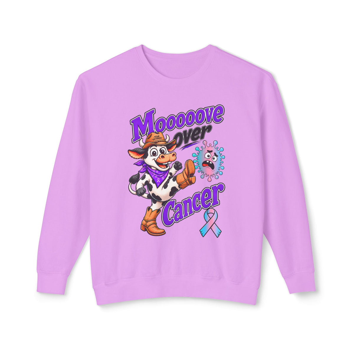 Moooove Over Cancer purple sweatshirt with cow artwork and Thyroid Cancer awareness ribbon