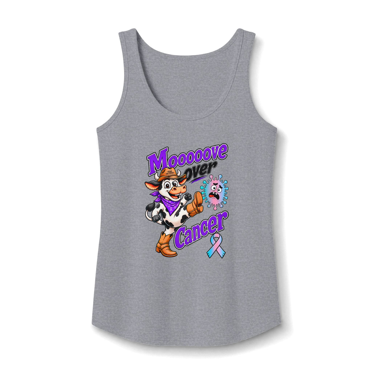 Moooove Over Cancer tank top in heather gray with a Thyroid Cancer awareness ribbon design
