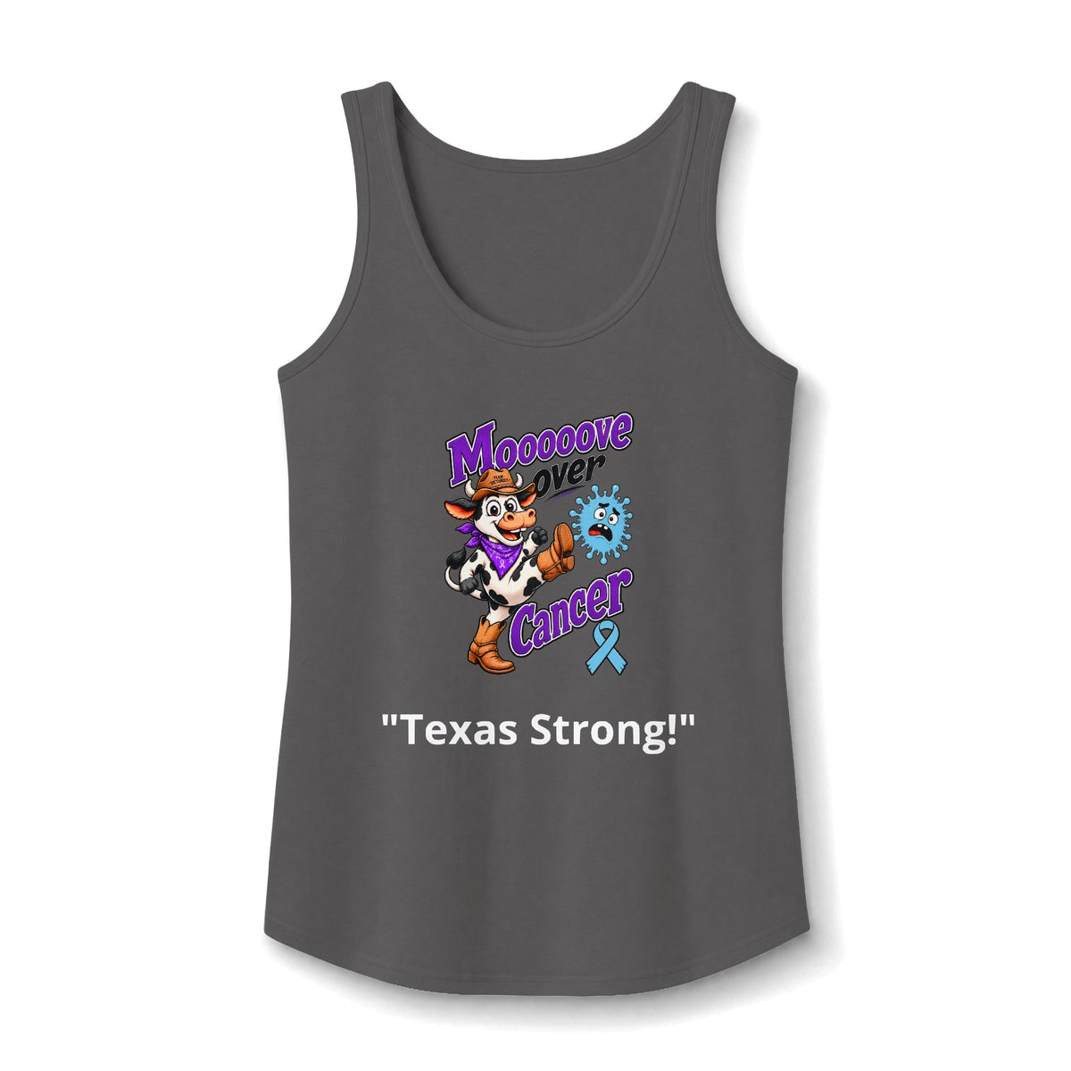 Moooove Over Cancer Texas Strong tank top in charcoal with a Prostate Cancer awareness ribbon