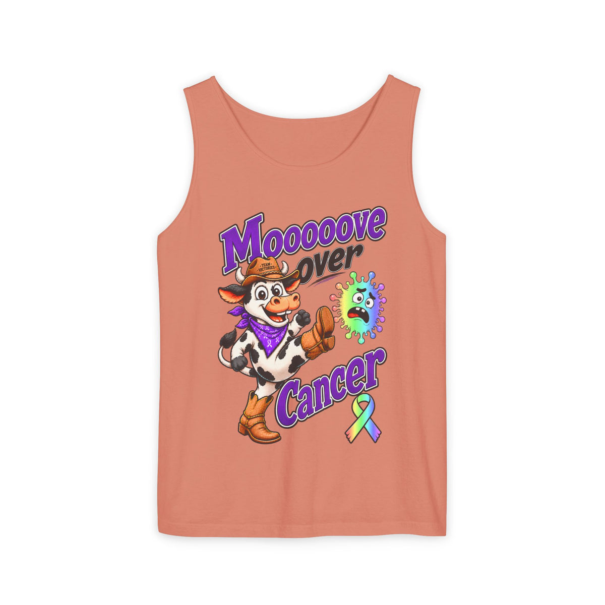 Coral Moooove Over Cancer tank top with cowgirl design and all-cancer awareness ribbon