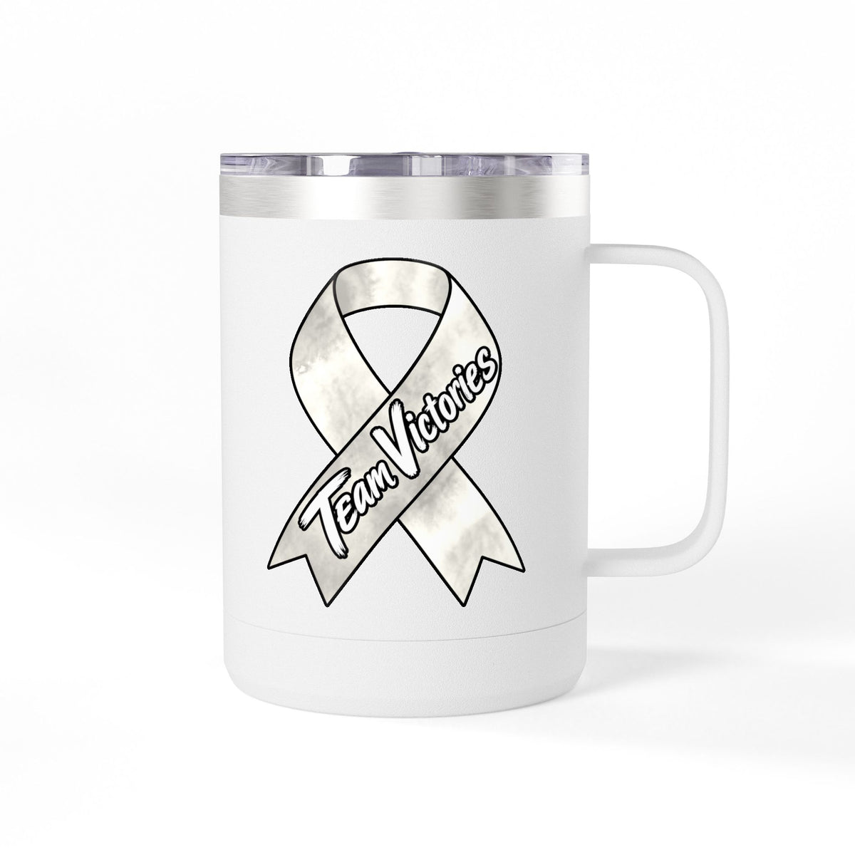 White Team Victories mug displaying a Lung Cancer awareness ribbon design